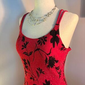 Vtg 90s Per Section Vampy Glitzy Red/Black Floral Print Stretchy Mini Dress